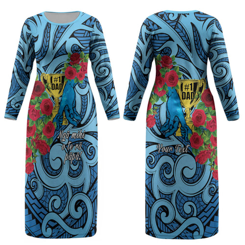 Personalised New Zealand Father's Day Couples Matching Long Sleeve Bodycon Dress and Long Sleeve Button Shirt Best Dad Trophy Red Rose Maori Pattern
