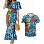 Personalised New Zealand Father's Day Couples Matching Mermaid Dress and Hawaiian Shirt Best Dad Trophy Red Rose Maori Pattern