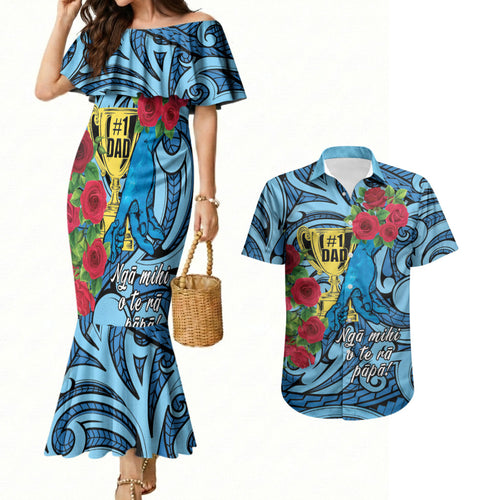 Personalised New Zealand Father's Day Couples Matching Mermaid Dress and Hawaiian Shirt Best Dad Trophy Red Rose Maori Pattern