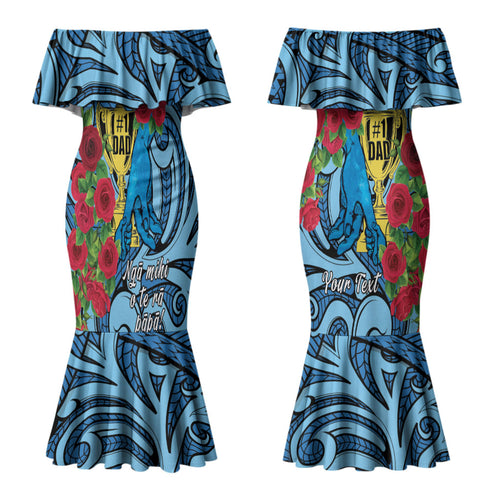Personalised New Zealand Father's Day Couples Matching Mermaid Dress and Hawaiian Shirt Best Dad Trophy Red Rose Maori Pattern