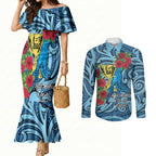 Personalised New Zealand Father's Day Couples Matching Mermaid Dress and Long Sleeve Button Shirt Best Dad Trophy Red Rose Maori Pattern