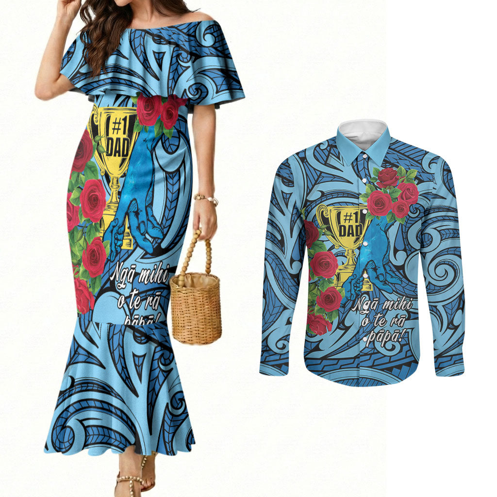 Personalised New Zealand Father's Day Couples Matching Mermaid Dress and Long Sleeve Button Shirt Best Dad Trophy Red Rose Maori Pattern