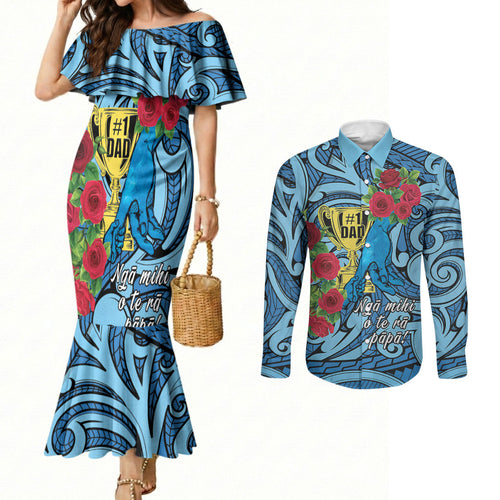 Personalised New Zealand Father's Day Couples Matching Mermaid Dress and Long Sleeve Button Shirt Best Dad Trophy Red Rose Maori Pattern