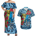 Personalised New Zealand Father's Day Couples Matching Off Shoulder Maxi Dress and Hawaiian Shirt Best Dad Trophy Red Rose Maori Pattern