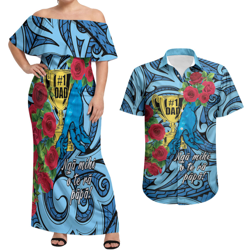Personalised New Zealand Father's Day Couples Matching Off Shoulder Maxi Dress and Hawaiian Shirt Best Dad Trophy Red Rose Maori Pattern