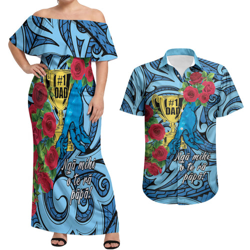 Personalised New Zealand Father's Day Couples Matching Off Shoulder Maxi Dress and Hawaiian Shirt Best Dad Trophy Red Rose Maori Pattern