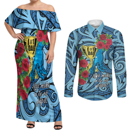 Personalised New Zealand Father's Day Couples Matching Off Shoulder Maxi Dress and Long Sleeve Button Shirt Best Dad Trophy Red Rose Maori Pattern