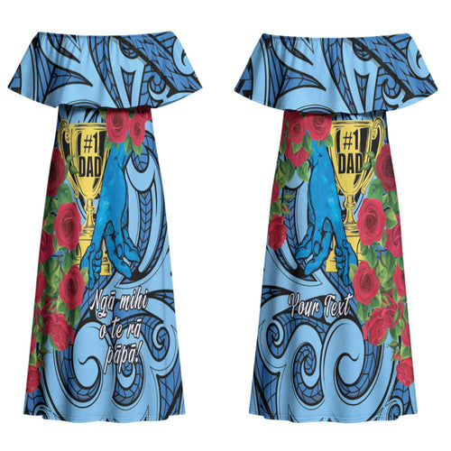Personalised New Zealand Father's Day Couples Matching Off Shoulder Maxi Dress and Long Sleeve Button Shirt Best Dad Trophy Red Rose Maori Pattern