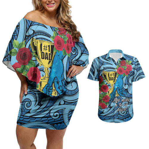 Personalised New Zealand Father's Day Couples Matching Off Shoulder Short Dress and Hawaiian Shirt Best Dad Trophy Red Rose Maori Pattern