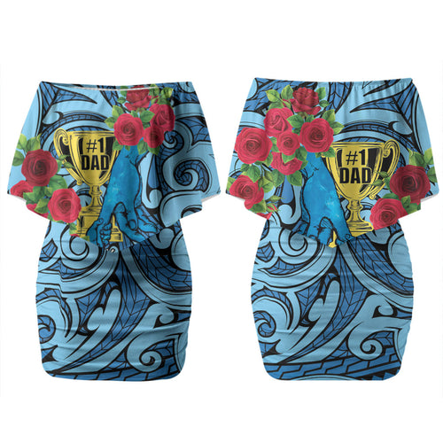 Personalised New Zealand Father's Day Couples Matching Off Shoulder Short Dress and Hawaiian Shirt Best Dad Trophy Red Rose Maori Pattern