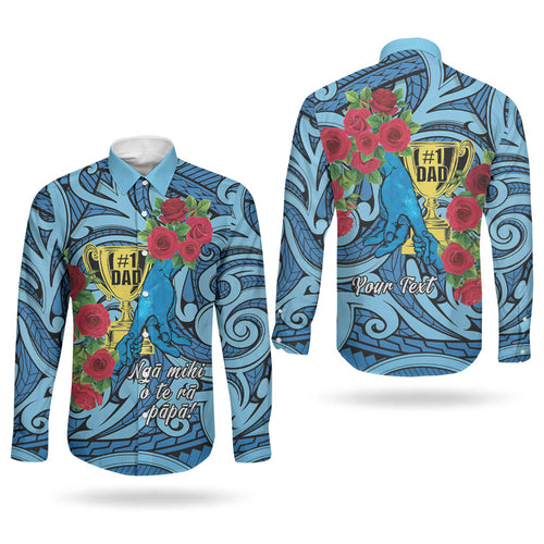 Personalised New Zealand Father's Day Couples Matching Off Shoulder Short Dress and Long Sleeve Button Shirt Best Dad Trophy Red Rose Maori Pattern