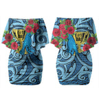 Personalised New Zealand Father's Day Couples Matching Off Shoulder Short Dress and Long Sleeve Button Shirt Best Dad Trophy Red Rose Maori Pattern