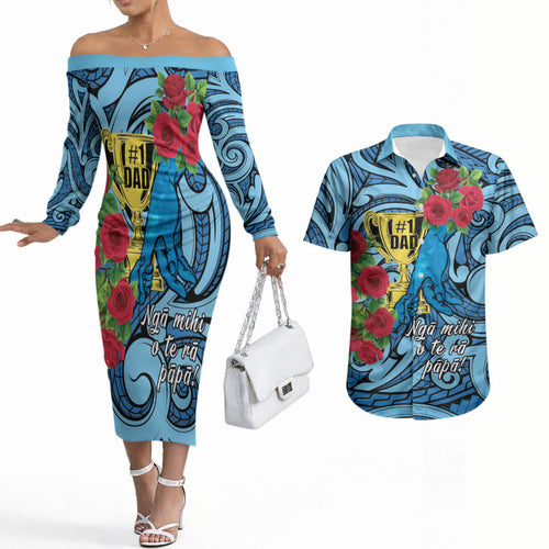 Personalised New Zealand Father's Day Couples Matching Off The Shoulder Long Sleeve Dress and Hawaiian Shirt Best Dad Trophy Red Rose Maori Pattern