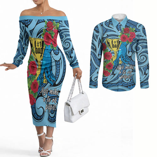 Personalised New Zealand Father's Day Couples Matching Off The Shoulder Long Sleeve Dress and Long Sleeve Button Shirt Best Dad Trophy Red Rose Maori Pattern