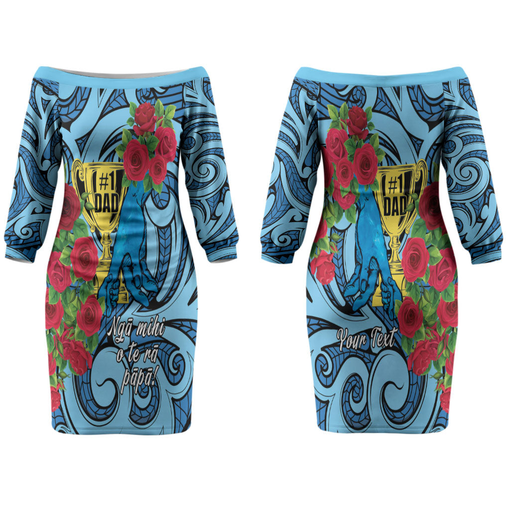 Personalised New Zealand Father's Day Couples Matching Off The Shoulder Long Sleeve Dress and Long Sleeve Button Shirt Best Dad Trophy Red Rose Maori Pattern
