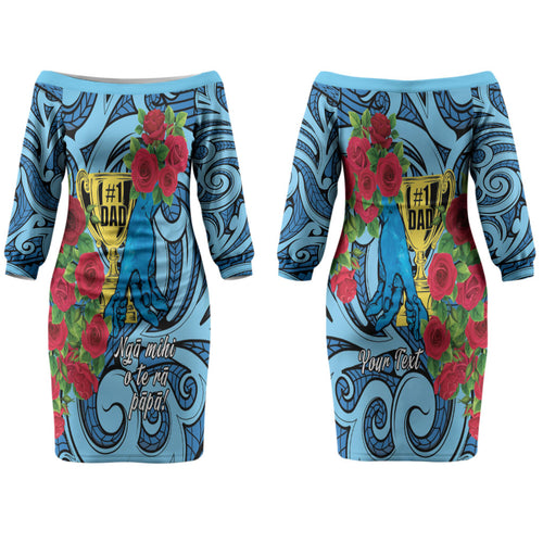 Personalised New Zealand Father's Day Couples Matching Off The Shoulder Long Sleeve Dress and Long Sleeve Button Shirt Best Dad Trophy Red Rose Maori Pattern