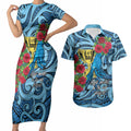Personalised New Zealand Father's Day Couples Matching Short Sleeve Bodycon Dress and Hawaiian Shirt Best Dad Trophy Red Rose Maori Pattern