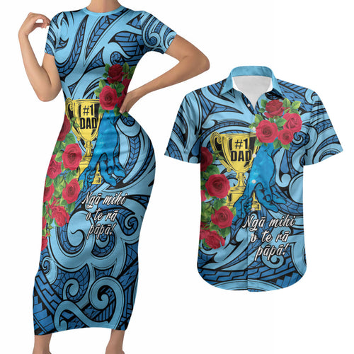 Personalised New Zealand Father's Day Couples Matching Short Sleeve Bodycon Dress and Hawaiian Shirt Best Dad Trophy Red Rose Maori Pattern