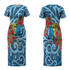 Personalised New Zealand Father's Day Couples Matching Short Sleeve Bodycon Dress and Hawaiian Shirt Best Dad Trophy Red Rose Maori Pattern