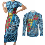 Personalised New Zealand Father's Day Couples Matching Short Sleeve Bodycon Dress and Long Sleeve Button Shirt Best Dad Trophy Red Rose Maori Pattern