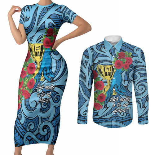 Personalised New Zealand Father's Day Couples Matching Short Sleeve Bodycon Dress and Long Sleeve Button Shirt Best Dad Trophy Red Rose Maori Pattern