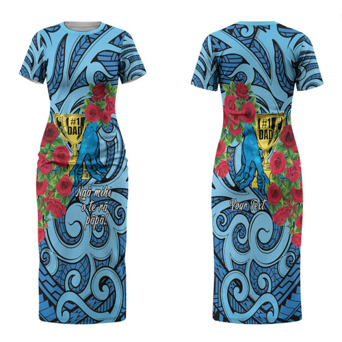 Personalised New Zealand Father's Day Couples Matching Short Sleeve Bodycon Dress and Long Sleeve Button Shirt Best Dad Trophy Red Rose Maori Pattern
