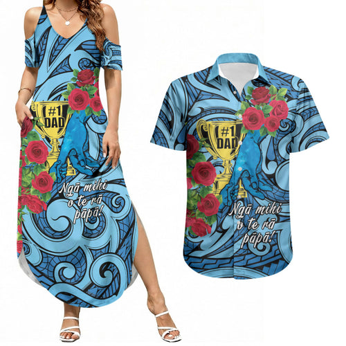 Personalised New Zealand Father's Day Couples Matching Summer Maxi Dress and Hawaiian Shirt Best Dad Trophy Red Rose Maori Pattern