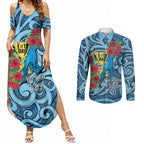 Personalised New Zealand Father's Day Couples Matching Summer Maxi Dress and Long Sleeve Button Shirt Best Dad Trophy Red Rose Maori Pattern