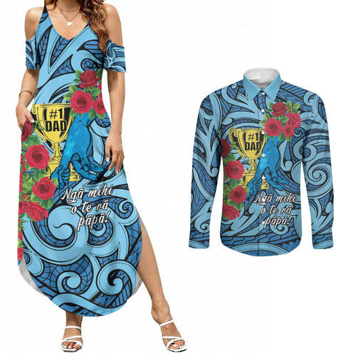 Personalised New Zealand Father's Day Couples Matching Summer Maxi Dress and Long Sleeve Button Shirt Best Dad Trophy Red Rose Maori Pattern