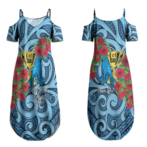 Personalised New Zealand Father's Day Couples Matching Summer Maxi Dress and Long Sleeve Button Shirt Best Dad Trophy Red Rose Maori Pattern