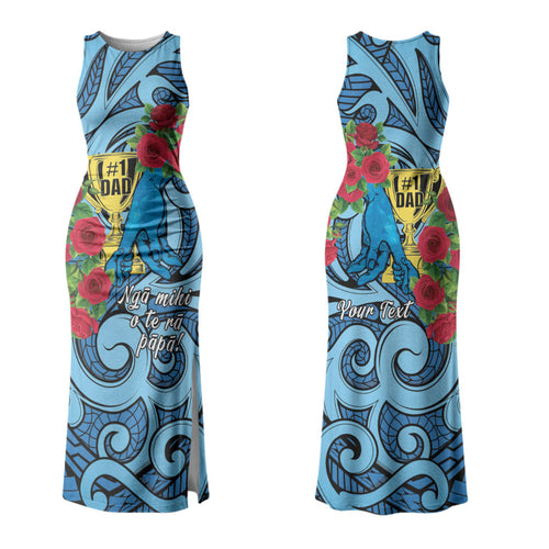 Personalised New Zealand Father's Day Couples Matching Tank Maxi Dress and Hawaiian Shirt Best Dad Trophy Red Rose Maori Pattern