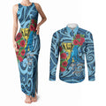 Personalised New Zealand Father's Day Couples Matching Tank Maxi Dress and Long Sleeve Button Shirt Best Dad Trophy Red Rose Maori Pattern