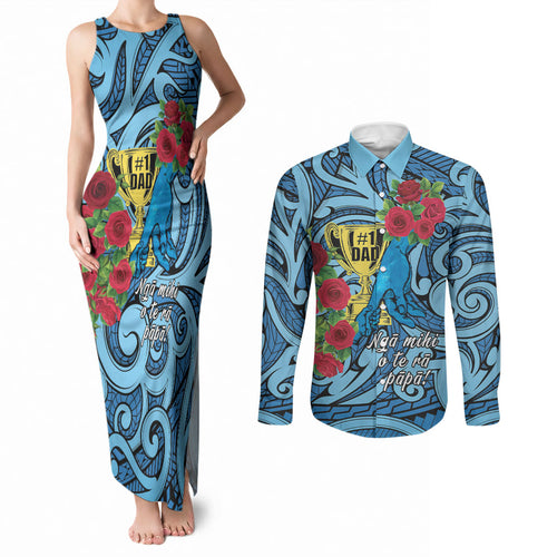 Personalised New Zealand Father's Day Couples Matching Tank Maxi Dress and Long Sleeve Button Shirt Best Dad Trophy Red Rose Maori Pattern