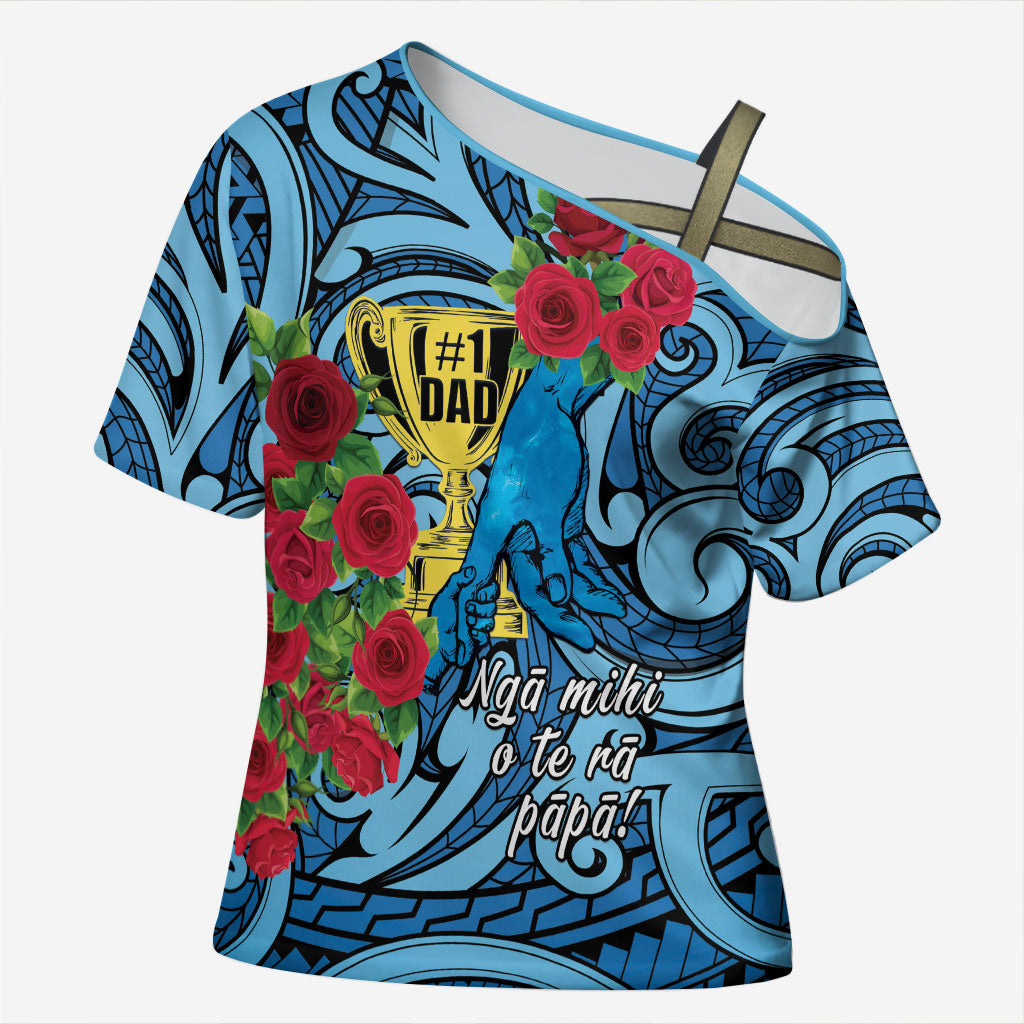 Personalised New Zealand Father's Day Cross Shoulder Shirt Best Dad Trophy Red Rose Maori Pattern