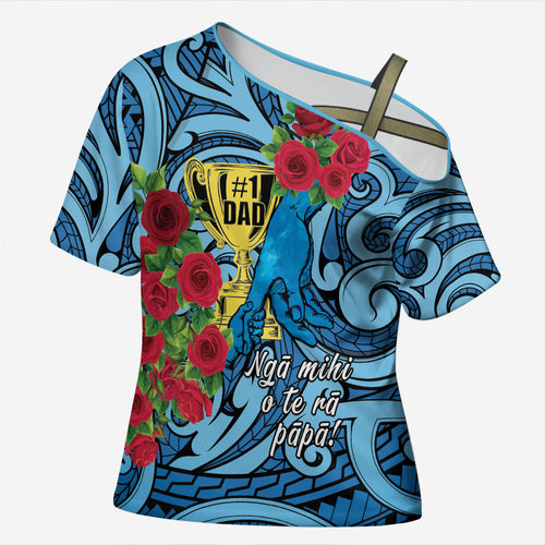 Personalised New Zealand Father's Day Cross Shoulder Shirt Best Dad Trophy Red Rose Maori Pattern