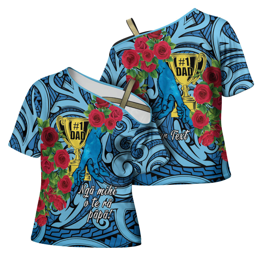 Personalised New Zealand Father's Day Cross Shoulder Shirt Best Dad Trophy Red Rose Maori Pattern