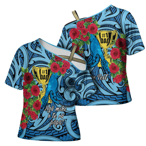 Personalised New Zealand Father's Day Cross Shoulder Shirt Best Dad Trophy Red Rose Maori Pattern