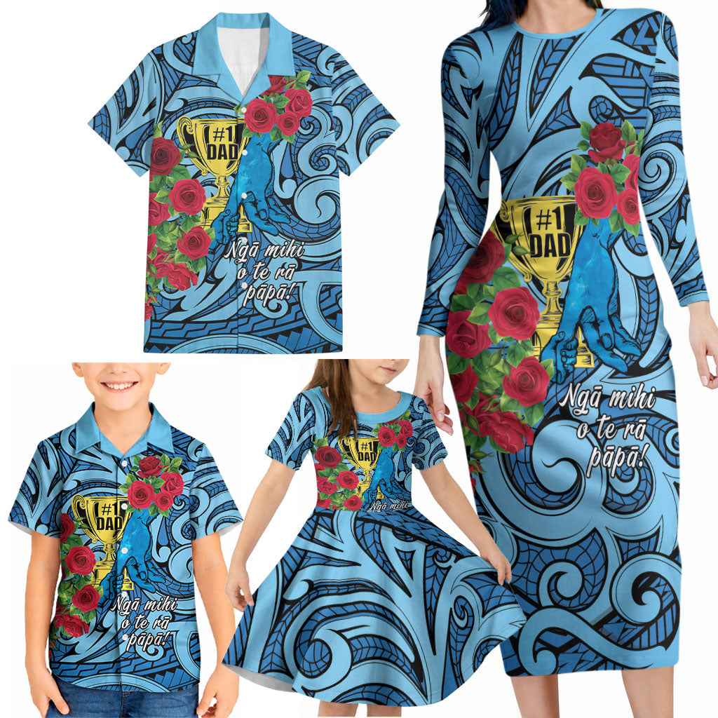 Personalised New Zealand Father's Day Family Matching Long Sleeve Bodycon Dress and Hawaiian Shirt Best Dad Trophy Red Rose Maori Pattern