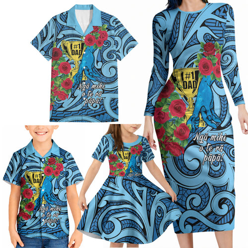 Personalised New Zealand Father's Day Family Matching Long Sleeve Bodycon Dress and Hawaiian Shirt Best Dad Trophy Red Rose Maori Pattern