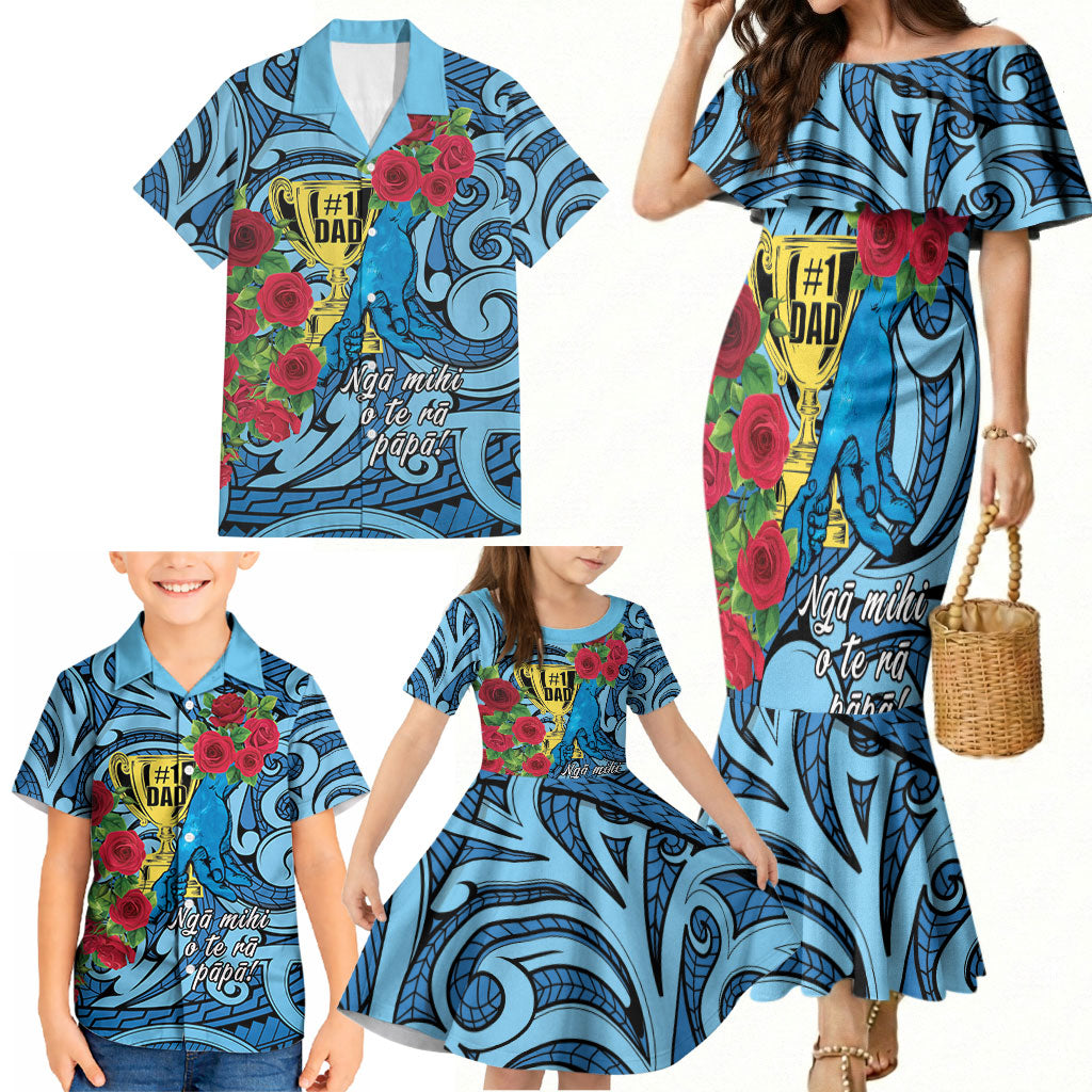 Personalised New Zealand Father's Day Family Matching Mermaid Dress and Hawaiian Shirt Best Dad Trophy Red Rose Maori Pattern