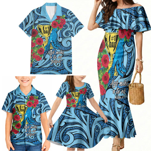 Personalised New Zealand Father's Day Family Matching Mermaid Dress and Hawaiian Shirt Best Dad Trophy Red Rose Maori Pattern