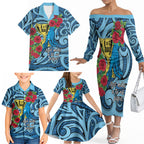 Personalised New Zealand Father's Day Family Matching Off The Shoulder Long Sleeve Dress and Hawaiian Shirt Best Dad Trophy Red Rose Maori Pattern