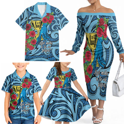 Personalised New Zealand Father's Day Family Matching Off The Shoulder Long Sleeve Dress and Hawaiian Shirt Best Dad Trophy Red Rose Maori Pattern