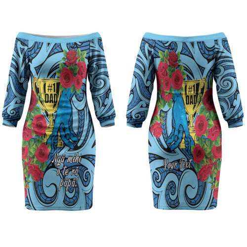 Personalised New Zealand Father's Day Family Matching Off The Shoulder Long Sleeve Dress and Hawaiian Shirt Best Dad Trophy Red Rose Maori Pattern