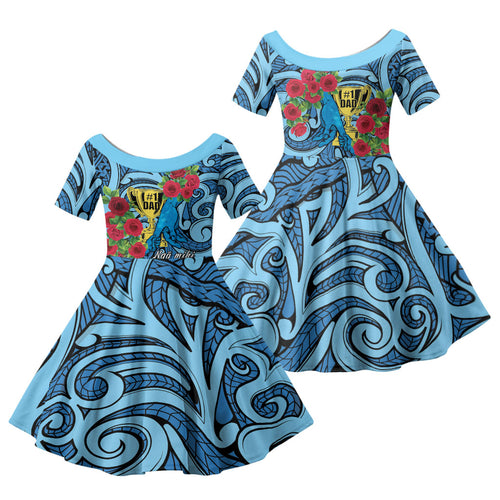 Personalised New Zealand Father's Day Family Matching Off The Shoulder Long Sleeve Dress and Hawaiian Shirt Best Dad Trophy Red Rose Maori Pattern