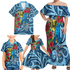 Personalised New Zealand Father's Day Family Matching Off Shoulder Maxi Dress and Hawaiian Shirt Best Dad Trophy Red Rose Maori Pattern