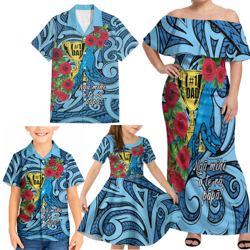 Personalised New Zealand Father's Day Family Matching Off Shoulder Maxi Dress and Hawaiian Shirt Best Dad Trophy Red Rose Maori Pattern