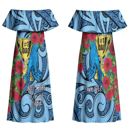 Personalised New Zealand Father's Day Family Matching Off Shoulder Maxi Dress and Hawaiian Shirt Best Dad Trophy Red Rose Maori Pattern