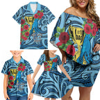 Personalised New Zealand Father's Day Family Matching Off Shoulder Short Dress and Hawaiian Shirt Best Dad Trophy Red Rose Maori Pattern