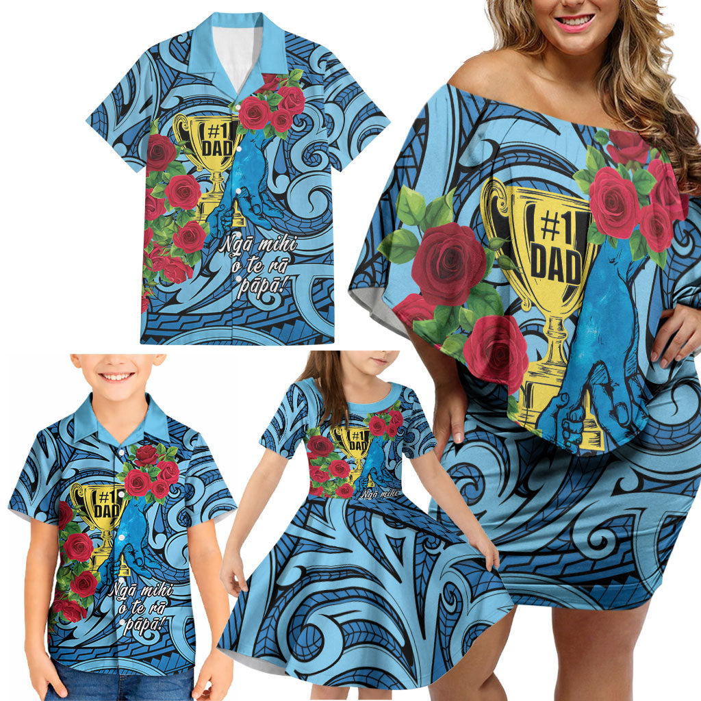 Personalised New Zealand Father's Day Family Matching Off Shoulder Short Dress and Hawaiian Shirt Best Dad Trophy Red Rose Maori Pattern
